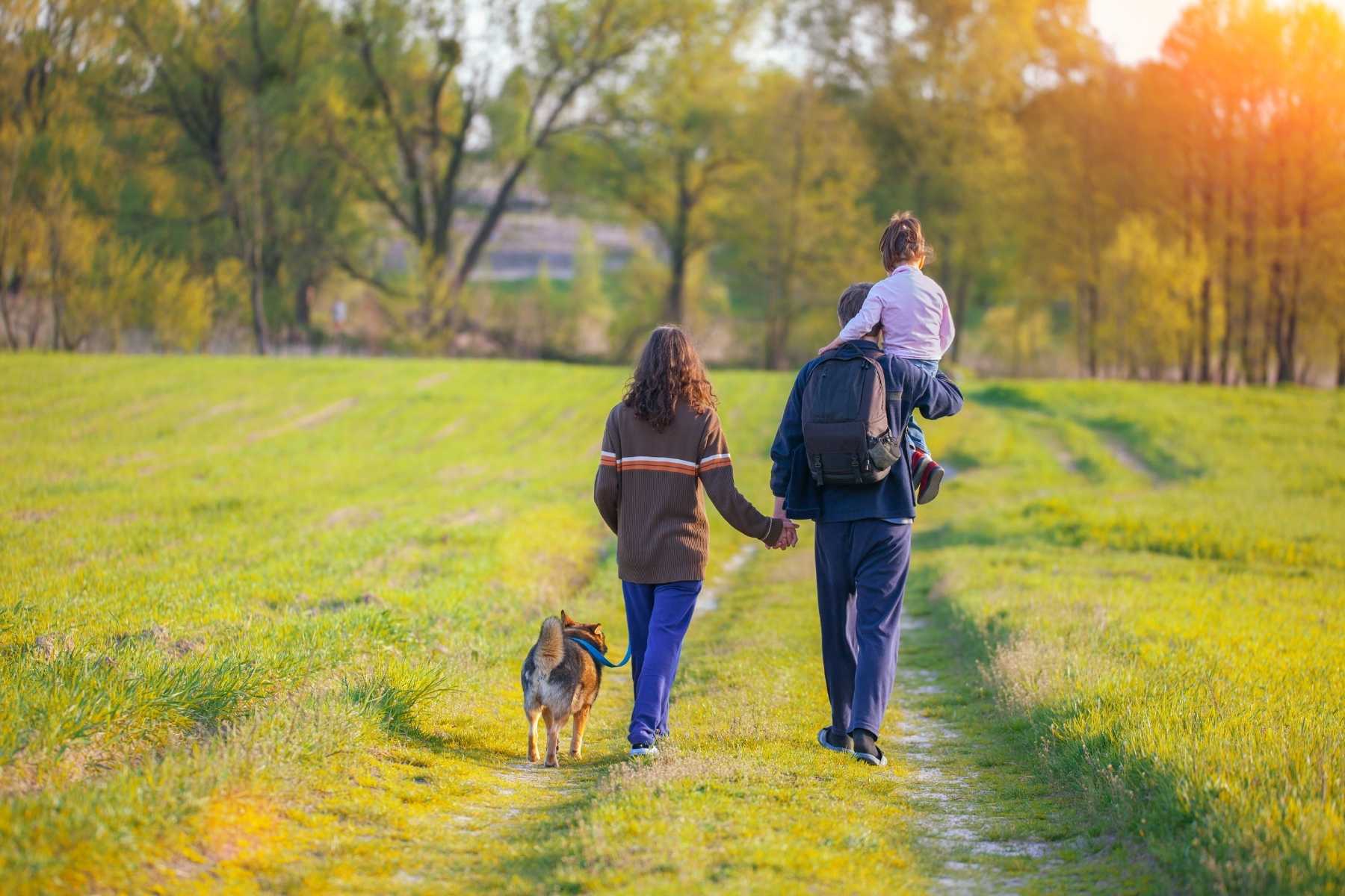 Young family with dog enjoying country walk